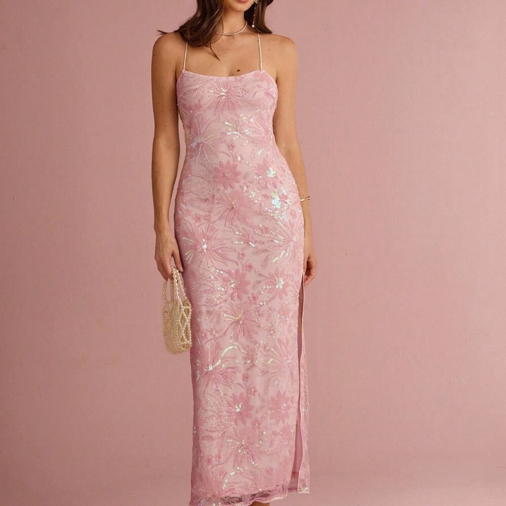 Pink Elegant Women's Pastel Floral Mermaid Maxi Dress